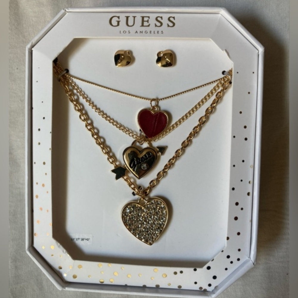 GUESS Gold and Red Heart Jewelry Set 3 NECKLACE 1 EARRING - Picture 2 of 8